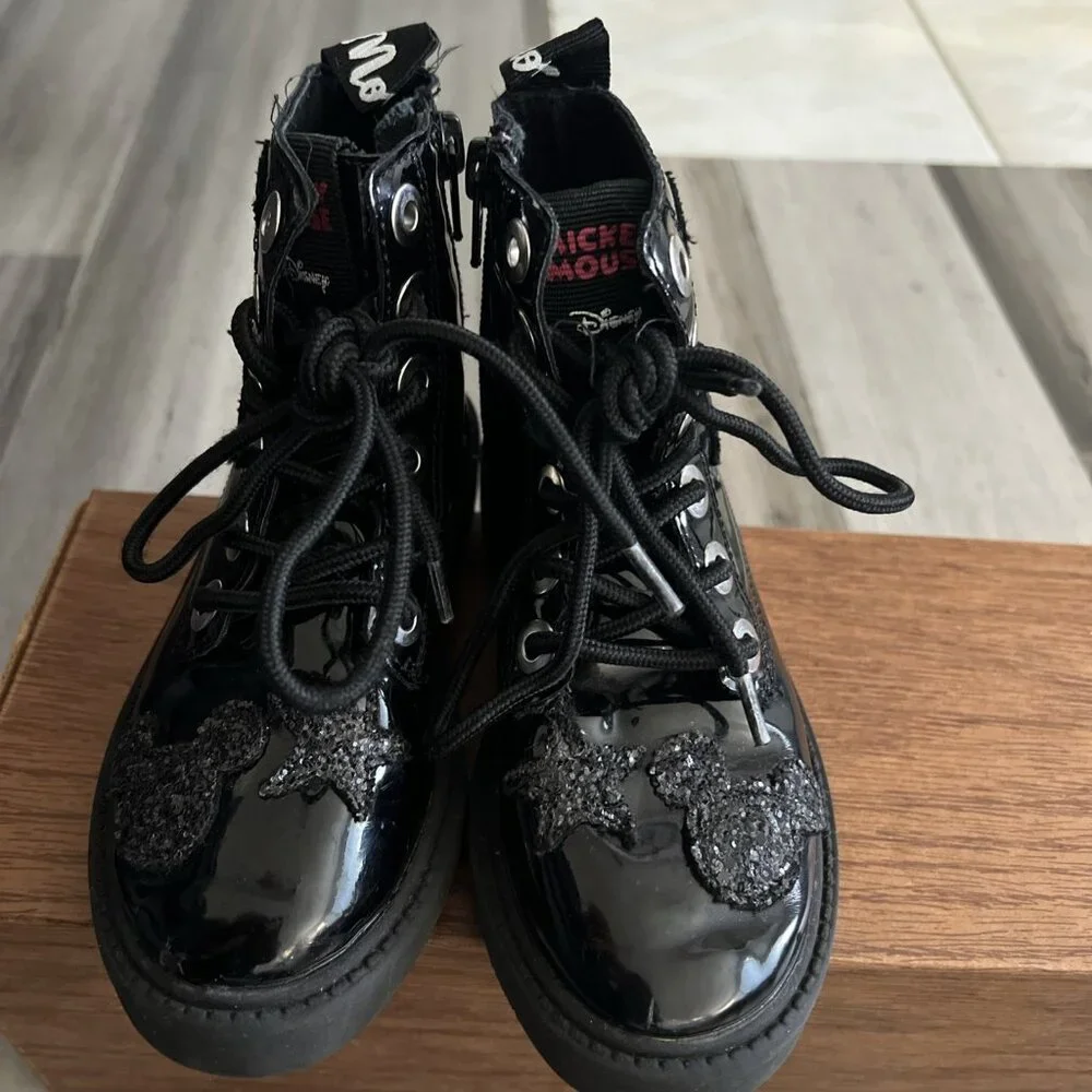 Zara Disney Mickey Mouse Boots   Side Zip Lace Front Girls Black US 11 EU 28